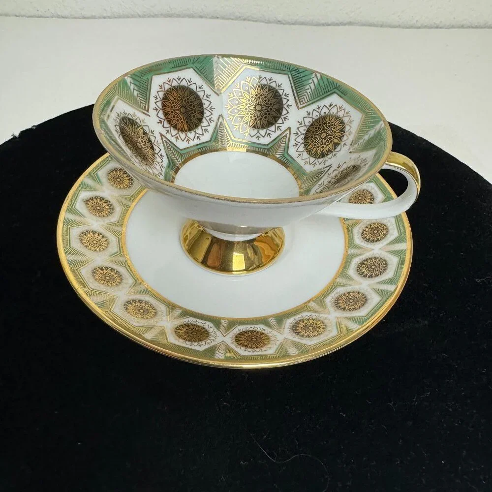 Vintage MCM Winterling Kirchenlamitz Bavaria Germany 2pc Cup + Saucer Green Gold
